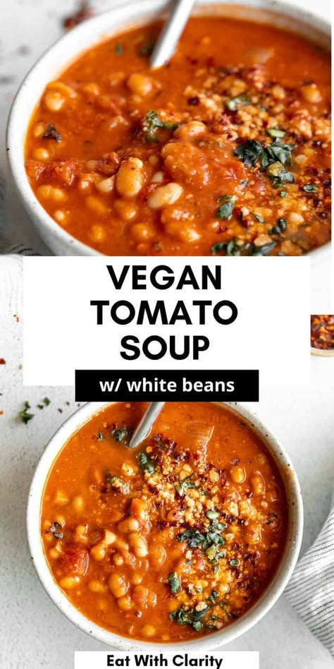 This vegan white bean tomato soup is creamy, easy to make and made in one pot. This high protein soup is vegetarian, full of flavor, veggies and perfect for a cozy plant based dinner. This vegan tomato soup is easy to make and full of flavor. Vegan Tomato Recipes, Tomato Based Soup, Bean Tomato Soup, Vegan Bean Soup, Tomato Soup Vegan, High Protein Soup, White Bean Tomato, Protein Soup, Vegan Tomato Soup