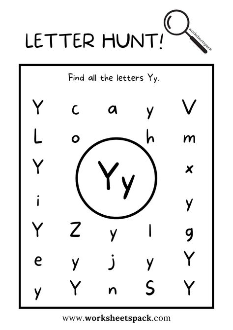 Find the Letter Y Worksheet, Alphabet Y Hunt Activity Free Printable for Kids - Printable and Online Worksheets Pack Letter Y Preschool Worksheets, Letter Y Activities For Kindergarten, Y Worksheets Preschool, Letter Y Worksheets For Preschool, Letter Y Crafts For Preschool, Letter Y Preschool, Letter Y Activities For Preschool, X Worksheets For Preschool, Letter Y Activities