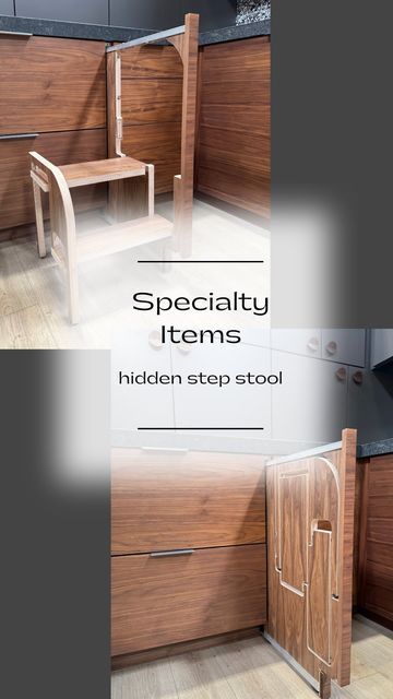 San Diego Custom Cabinets ✨ on Instagram: "Specialty Items! A hidden pull-out step stool. This only takes up an inch and a half of cabinet space so can be installed anywhere you need a boost! Great for: 1. Reaching things high up 2. Children who want to help in the kitchen or wash up in the sink. #pulloutstepstool #hiddensteps #hiddenstepstool #kidsinthekitchen #littlepeople #customcabinetrydesign #butlerspantrydesign #entertainment #custombuiltins #customcabinets #cabinettower #cabinettrends #customsolutions #kitchenhacks #kitchensolutions #appliancesolutions #customcabinetry #kitchenmusthaves #custombuiltins #customcabinets #designerspaces #customcabinetry #customcabinets #sandiegobuilders #sandiegodesigners #millwork #cabinetshop #coastalkitchens #revashelf #kitchenorganization # High Stools Kitchen, Cabinet Trends, Airbnb Design, Construction Ideas, Rev A Shelf, Custom Built Ins, Kitchen Solutions, Cabinet Ideas, High Stool