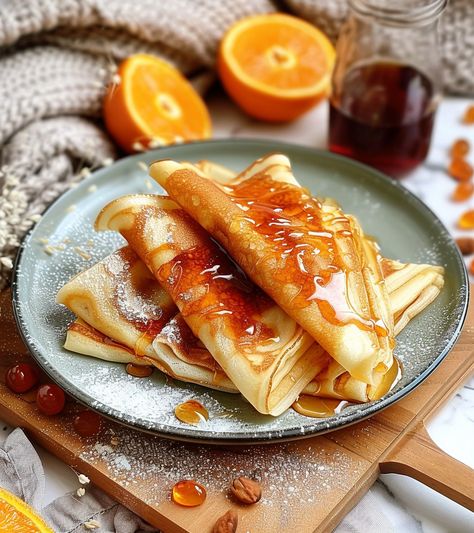 Crepes Suzette with Maple Syrup and Orange Pearls Orange Crepes Recipe, Orange Crepes, Orange Vanilla Syrup, Crepes Suzette Recipe, Crepes Photography Food Styling, Crepe Suzette, French Crepes, Freshly Squeezed Orange Juice, Molecular Gastronomy