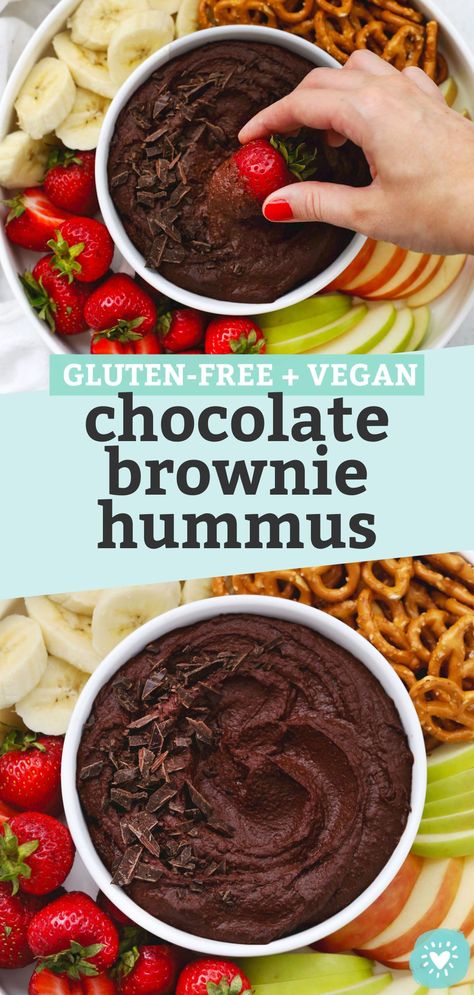 Chocolate Brownie Hummus - This chocolate hummus (yes, really!) makes an awesome snack with fruit, pretzels, and more. We love this easy Trader Joe's copycat. (Gluten-free, Vegan) // Chocolate Hummus // Brownie Batter Hummus // Chocolate Dip // Healthy Dessert // Vegan Dessert // Chocolate Fruit Dip // Dessert Hummus #healthydessert #vegan #chocolate #hummus #fruitdip Brownie Hummus, Hummus Chocolate, Vegan Dessert Chocolate, Brownie Batter Hummus, Dip Dessert, Dip Healthy, Vegan Chocolate Brownies, Chocolate Hummus, Chocolate Dip