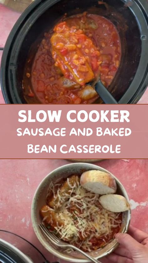 Slow Cooker Sausage and Baked Bean Casserole Bake Beans With Sausage, Family Casseroles, Baked Bean Casserole, Slow Cooker Sausage, Slow Cooker Casserole, Infused Oil, Slow Cook, Gluten Free Cheese, Bean Casserole