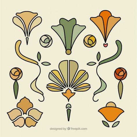 Hand drawn floral ornaments in art nouveau Free Vector Fiori Art Deco, Fleurs Art Nouveau, Arte Art Deco, Art Deco Flowers, Motifs Art Nouveau, Illustration Art Nouveau, Design Art Nouveau, Art Deco Artwork, Art Deco Wedding Invitations