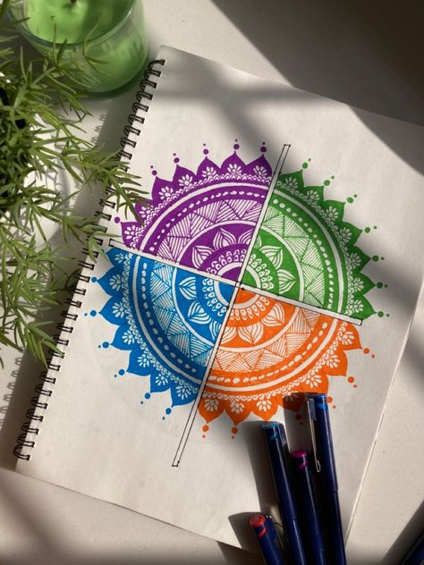 2024 Mandala Art, Colour Pen Mandala Art, Rangoli Drawing On Paper Colourful, Colour Full Mandala Art, Mandala Art Colorful, Mandala Aesthetic, Colourful Mandala Art, Pen Mandala, Aesthetic Mandala