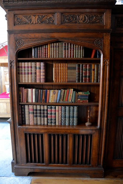 Gothic style bookcase with built in radiator cover Gothic Shelves, Gothic Bookshelves, Gothic Revival Furniture, Tudor Furniture, Tudor Decor, Best Radiators, Bookcase Ideas, Style Bookcase, Hall Ideas