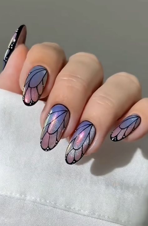 Wings Nails Design, Sparkly Butterfly Nails, Fairy Wing Nail Art, Iridescent Butterfly Nails, Butterfly Wing Nail Art, Butterfly Wing Nails, Holographic Butterfly Nails, Iridescent Fairy, Ethereal Fairy