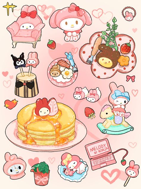 Ritalia99 Cute Items, Cute Diy Room Decor, Cute Food Drawings, Cute Food Art, Hello Kitty Art, Sanrio Wallpaper, Kawaii Stickers, Kawaii Wallpaper, Kawaii Drawings