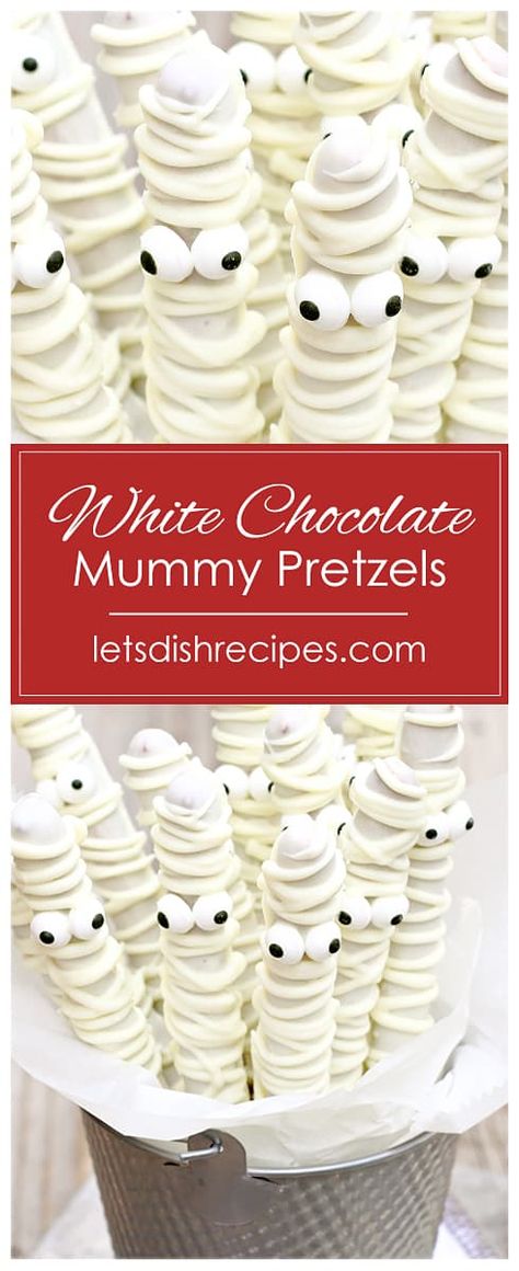 White Chocolate Mummy Pretzels Mummy Snack, Mummy Pretzels, Chocolate Covered Pretzels Halloween, White Pretzels, How To Make Pretzels, Chocolate Pretzel Rods, Halloween Pretzels, Dipped Pretzel Rods, Adaptive Art