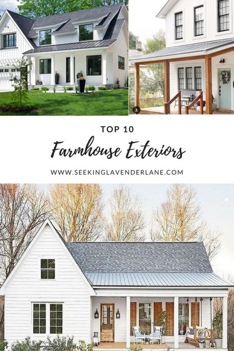 Top 10 White Farmhouse Exteriors - Seeking Lavendar Lane Rock Farmhouse Exterior, Farmhouse Style Siding, Farmhouse Exterior Siding Ideas, Farmhouse Style Homes Exterior, White Farmhouse Black Roof, Antique Farmhouse Exterior, Farmhouse Roof Styles, White Farmhouse White Windows, 1920 Farmhouse Exterior