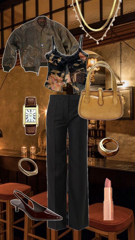 Small Heels, Outfit Bar, Charlotte Tilbury Pillow Talk, Work Heels, Yellow Purse, Leather Jacket Brown, Going Out Outfit, Sling Back Heels, Bar Outfit