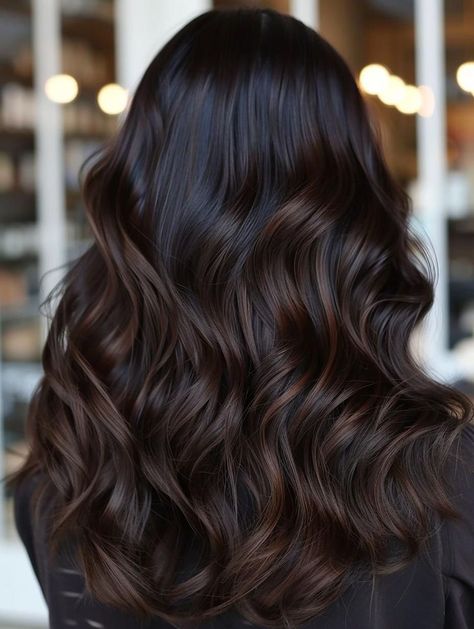 Dark Hair With Dark Balayage, Dark Hair Color Money Piece, Dark Long Hair Styles, Fall Hair Color For Black Hair Balayage, Brunette Balayage Hair Black, Dark Brown On Black Hair, Espresso Balayage Dark Brown, Fall Brunette Hair Color Dark, Balayage For Dark Black Hair