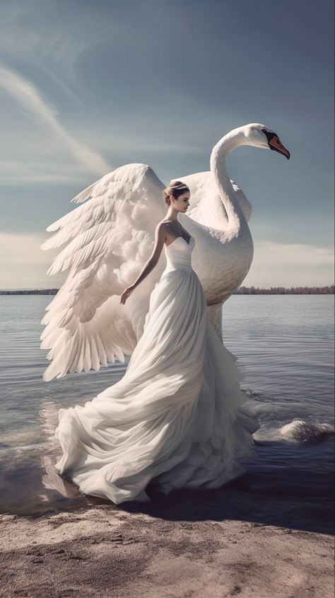 Swan Wings, Swan Pictures, Illusion Photos, Swan Dress, Soyut Sanat Tabloları, Flower Art Images, White Swan, Angel Pictures, Jolie Photo