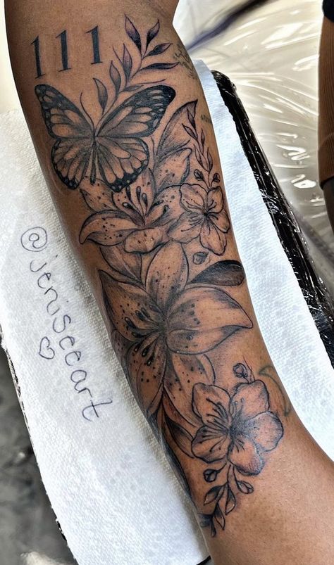 Lily Quarter Sleeve Tattoo, Garden Tattoos For Women, Flowers And Butterflies Tattoos, Butterfly Tattoos Images, Arm Sleeve Tattoos For Women, Flower Tattoo Ideas, Inner Arm Tattoo, Hand Tattoos For Girls, Boho Tattoos