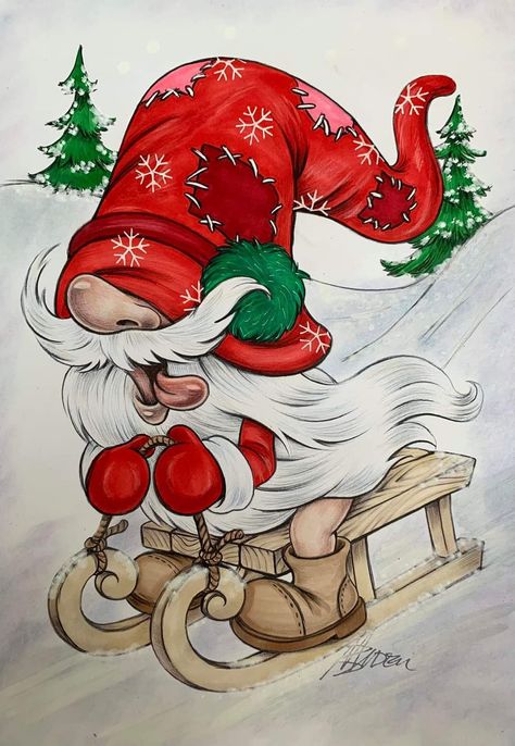 Xmas Drawing, Gnome Paint, American Traditional Tattoo Ideas, Traditional Tattoo Ideas, Gnome Pictures, Christmas Rock, Watercolor Christmas Cards, Gnomes Crafts, Christmas Canvas