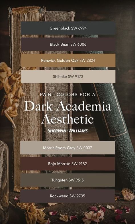 All About The New Dark Academia Design Style - She Holds Dearly Dark Academia Small House, Home Design Mood Board, Dark Acedamia Core, Dark Muted Color Palette, Academia Paint Colors, Diy Dark Academia Decor, Dark Academia Paint, Dark Academia Aesthetic Living Room, Dark Academia Paint Colors