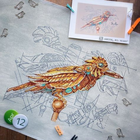 Punk Cross Stitch, Steampunk Embroidery, Steampunk Cross Stitch, Steampunk Bird, Cross Stitch Projects Ideas, Bird Silhouette, Needlework Patterns, Sketch Markers, Cute Embroidery