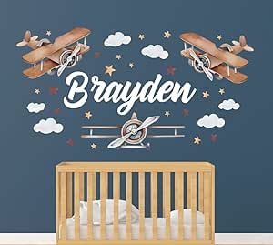 Personalized Airplane Name Wall Decals for Kids Bedroom - Nursery Wall Stickers Aircrafts - Large Airplanes Room Wall Decal Vinyl Sticker - Baby Home Wall Decor - Large Plane Art Mural Wall Decor Airplanes Nursery, Enchanting Nursery, Celestial Backdrop, Airplane Nursery Decor, Playful Home, Airplane Nursery, Wall Sticker Design, Sticker Baby, Baby Boy Bedroom