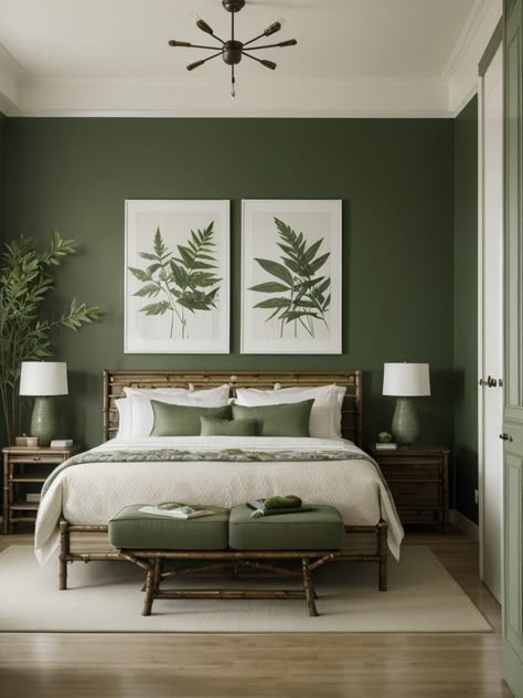 Create a tranquil green oasis by adorning the walls with nature-inspired artwork, such as leaf prints or botanical paintings. Pair it with bamboo furniture and incorporate plants for a fresh and calming atmosphere. Green Bedroom Walls, Natural Bedroom Decor, Green Bedroom Decor, Natural Bedroom, Sage Green Bedroom, Bedroom Walls, Green Walls, Green Bedroom, Green Room