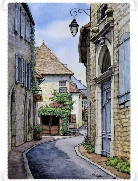 Street Drawing Watercolor, Urban Sketching Buildings, Building Art Watercolour, Landscape With Building, Watercolour Buildings Paintings, Watercolour Urban Sketch, Building Drawing Watercolor, Watercolor Urban Sketching, Watercolour Pen Art