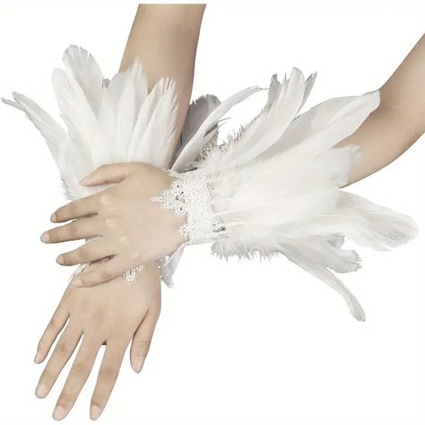 Gothic Faux Feather Feather Cuffs Vintage Solid Color - Temu Nail Gloves, Feather Cuffs, Paw Gloves, Feather Cuff, Bonfire Party, Rooster Feathers, Long Nail, Feather Wings, Lace Gloves