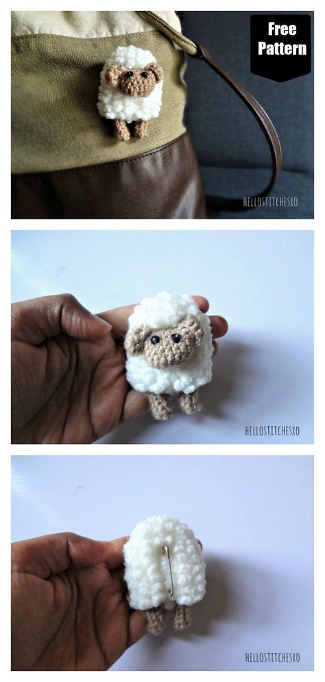 Sheep Brooch Free Crochet Pattern #freecrochetpattern #crochetpattern #broochpattern Crochet Brooch Pattern Free Amigurumi, Crochet Brooches Free Patterns, Crochet Pins Brooch, Sheep Crochet Pattern Free, Crochet Brooch Pattern Free, Knitted Brooch, Crochet Brooch Pattern, Sheep Brooch, Crochet Sheep