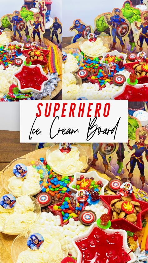 Superhero Ice Cream, Superhero Charcuterie Board, Superhero Snacks, Sundae Toppings, Ice Cream Sunday, Birthday Donuts, Superhero Birthday Party, Icecream Bar, Colorful Candy