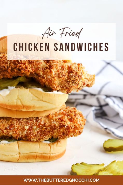 Air Fried Chicken Sandwiches Air Fried Chicken Sandwich, Popeyes Chicken Sandwich, Crunchy Pickles, Air Fried Chicken Tenders, Crispy Chicken Sandwich, Fried Chicken Sandwiches, Bread Crumb Chicken, Chicken Sandwich Recipe, Crispy Chicken Sandwiches