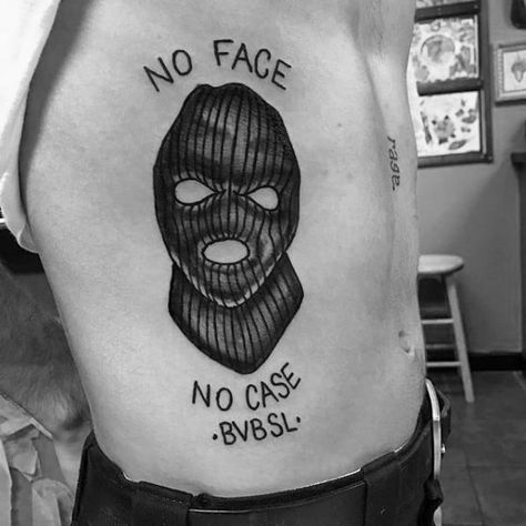 30 Ski Mask Tattoo Designs For Men - Masked Ink Ideas No Face No Case Tattoo, Mask Draw, Ski Mask Tattoo, Case Tattoo, Mode Au Ski, No Face No Case, Hippie Tattoo, Gangsta Tattoos, Buddha Tattoos