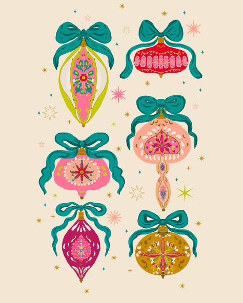 ✨ Deck the halls with festive colors! 🎀 Here’s a peek at my latest holiday ornament collection, bringing whimsy and warmth to the season. Each ornament is inspired by vintage designs with a modern, playful twist. Perfect for adding a pop of color to holiday decor! 🎄💖 Which one is your favorite? Let me know in the comments! 👇✨ #holidayillustration #whimsicalart #surfacepatterndesign #christmasornaments #festiveart #artistsoninstagram #illustrationdaily #handdrawn #holidaydecor #vintageinspir... Random Patterns, Mid Century Holiday, Retro Ornaments, Christmas Vector, Cute Christmas Wallpaper, Card Print, Card Sentiments, Christmas Inspo, Holiday Gift Tags