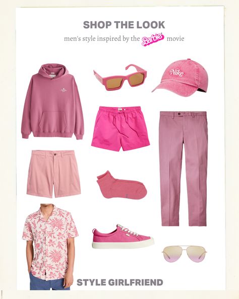 Barbie-pink styles for guys, including a hoodie, sunglasses, and baseball hat Barbie Pink Outfits, Barbie Inspired Outfits, 70’s Outfit, Barbie Theme Party, Party Outfit Men, Style Girlfriend, Barbie Inspired, Men Tips, Barbie Theme