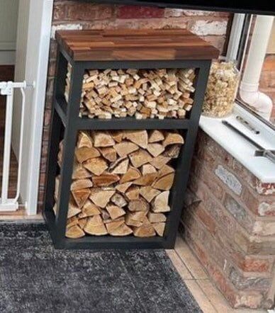 Log Burner Wood Storage, Wood Storage Indoor, Log Store Indoor, Indoor Log Storage, Kindling Storage, Cabin Style Living Room, Indoor Firewood Rack, Firewood Storage Indoor, Diy Storage Projects