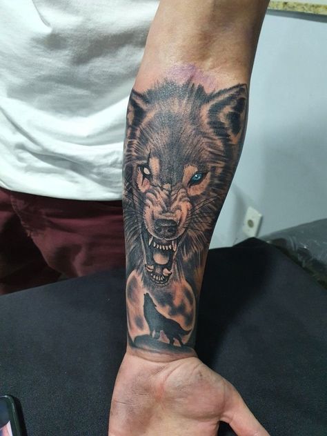 Werewolf Sleeve Tattoo, Good And Evil Wolf Tattoo, Wolf Tattoo Design Men Forearm, Lone Wolf Tattoo Men, Wolf Shoulder Tattoo, Snarling Wolf Tattoo, Angry Wolf Tattoo Design, Half Wolf Tattoo, Angry Wolf Tattoo