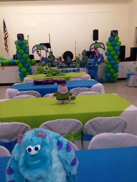 Monster's Inc 2nd Birthday | CatchMyParty.com Monsters Inc Nursery, Baby Shower Decorations Ideas, Monster University Birthday, Monsters Inc Baby Shower, Grandparents Activities, Monsters Inc Baby, Monster Baby Showers, Monster 1st Birthdays, Monster Inc Birthday