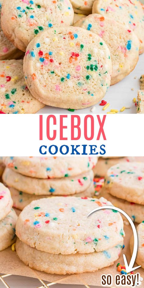 Icebox Cookies are filled with colorful sprinkles and buttery vanilla flavor. Make these ahead of time and store in your refrigerator or freezer until ready to bake! Delicious cookies fresh from the oven. Icebox Cookies Old Fashioned, Fridge Cookies, Refrigerator Cookies Recipes, Freezable Cookies, Icebox Cookie Recipe, Ice Box Cookies, Freezer Cookies, Ranger Cookies, Refrigerator Cookies