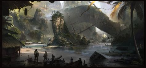 ArtStation - Pirate cove, Piotr Krezelewski Pirate City, Caribbean Pirates, Pirate Cove, Environment Inspiration, Monkey Island, Pirates Cove, Pirate Art, Fantasy Setting, Fantasy Places