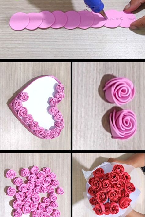 Rose Flower Making Trick Mother's Gifts Diy, Mother Gift Diy Craft Ideas, Roses Making Crafts, Foam Ideas Craft, Diy Valentines Flowers, Foam Circle Crafts, Valentine Day Diy Decorations, Easy Flowers Diy, Flowers To Make Out Of Paper