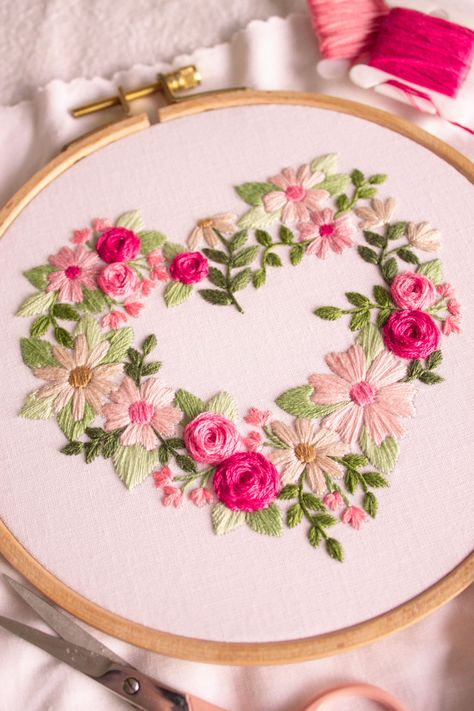 Valentines PDF Pattern Heart of Blooms Embroidery Digital Design, Floral Bouquet - Etsy Australia Basic Hand Embroidery Stitches, Floral Embroidery Patterns, Basic Embroidery Stitches, Embroidery Patterns Free, Hand Embroidery Pattern, Hand Embroidery Art, Hand Embroidery Stitches, Embroidery Library, Flower Embroidery