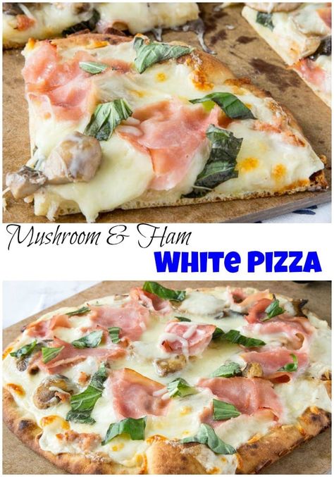 Mushroom and Ham White Pizza - roasted garlic white sauce with sauteed mushrooms, cheese, and ham make for a delicious pizza. Great way to use what you already have on hand!   #dinner #pizza #whitepizza #recipe Garlic White Sauce, Dinner Pizza, White Pizza Recipes, Ham Pizza, Yummy Pasta, Pizza Dinner, White Pizza, Pizza Recipes Homemade, Delicious Pizza