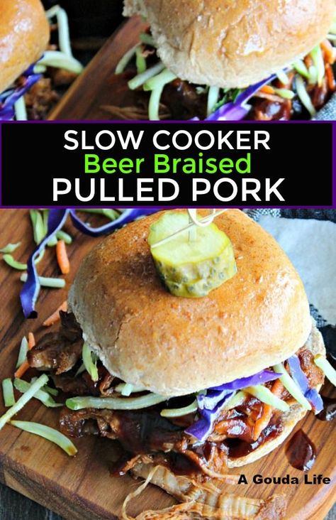 5 Ingredient Slow Cooker Beer Braised Pulled Pork ~ tender juicy pulled pork loaded with full-on deep BBQ flavor. #pulledpork #pork #sliders #pulledporkslider #slowcookerpulledpork #slowcooker Pork Braised, Pulled Pork Dinner, Braised Pulled Pork, Pulled Pork Crock, Beer Pulled Pork, Pork Dinners, Barbecue Pulled Pork, Basic Food, Recipes Pork