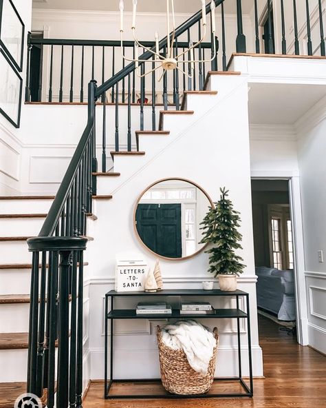 Foyer Ideas Stairs Entryway, Classy Foyer Ideas Entryway, Stairway Entryway Ideas Foyers, Small Foyer Ideas Entryway Stairs, Black White Wood Home Decor, Entry Staircase Ideas Entryway, Stairway Entryway Ideas, Entryway Ideas With Stairs Entry Foyer, Foyer Ideas Entryway Stairs