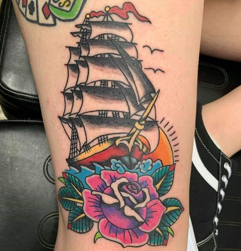 American Traditional Clipper Ship Leg Tattoo Traditional Ship Tattoo, New Tattoo Styles, Thigh Tattoo Quotes, Be Brave Tattoo, Rose Tattoos For Men, Traditional Tattoo Sleeve, Nautical Tattoo, Flower Tattoo Arm, Old School Tattoo Designs