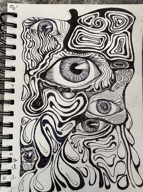 Body Mind And Soul Art, Fever Dream Drawing, Surreal Drawing Ideas, Trippy Drawing Black And White, Complicated Art, Trippy Black And White Art, Cool Eye Drawings Trippy, Psychadelic Eyes Drawing, Trippy Designs Black And White