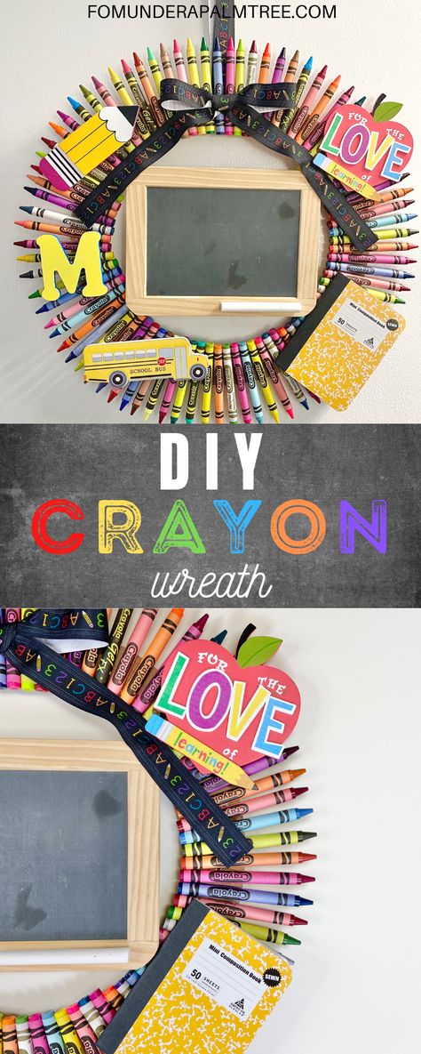 DIY Crayon Wreath < From Under a Palm Tree Crayon Teacher Wreath, Diy Crayon Wreath, Teacher Wreaths For Classroom Diy, Crayon Wreaths For Teachers, Diy Teacher Wreath, Back To School Wreath Diy, School Wreaths For Teachers, Crayon Wreath For Teachers Diy, Back To School Wreaths For Teachers