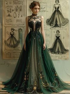 Green Fantasy Dress, Aesthetic Ball Gowns, Fantasy Ball, Elven Dress, Gowns Aesthetic, Ball Gowns Aesthetic, Ball Gowns Wedding Dress, Dreamy Gowns, Fantasy Outfits