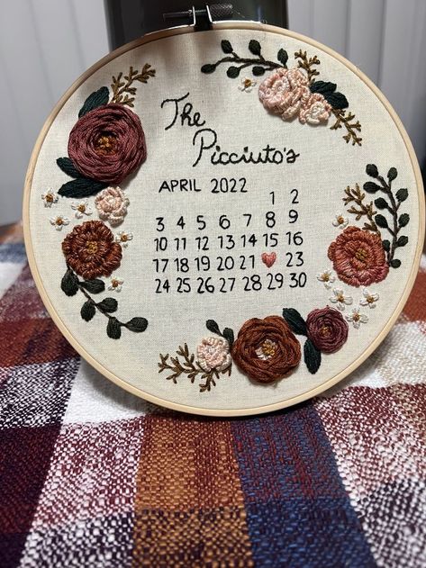 50th Anniversary Embroidery Designs, Wedding Date Embroidery, Wedding Calendar Embroidery, Save The Date Embroidery, Embroidery Calendar, Date Embroidery, Wedding Strawberries, Wedding Calendar, Wedding Sampler