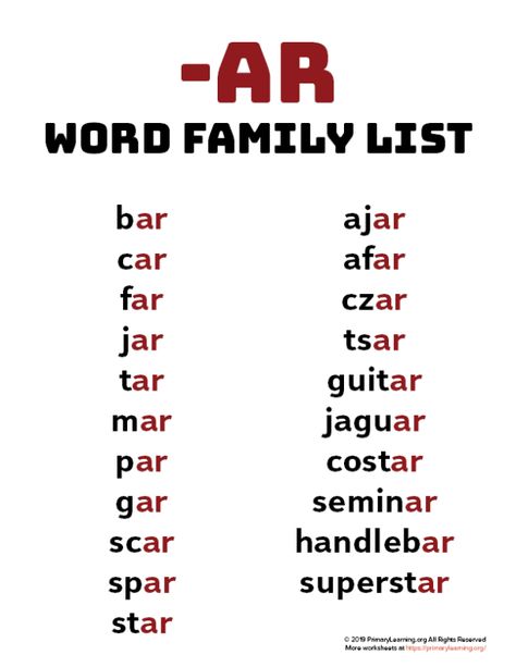 AR Word Famy List Word Family List, Teaching Vowels, Phonics Chart, Word Family Worksheets, Teaching Spelling, Phonics Sounds, English Phonics, Phonics Lessons, English Learning Spoken