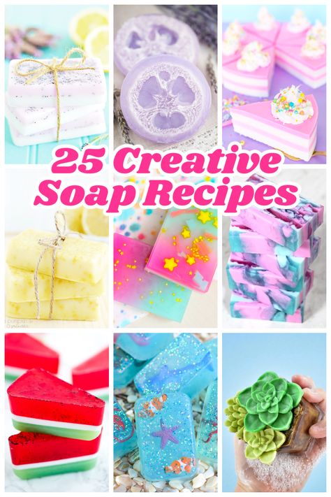 Creative soap recipe ideas - everything from soap bars, to fruit shapes, and soaps for kids. Loofah Soap Diy, Diy Soap Bars, Mp Soap, Easy Soap Recipes, Dessert Soap, Diy Soap Recipe, Soap Melt And Pour, Handmade Soap Recipes, Soap Tutorial