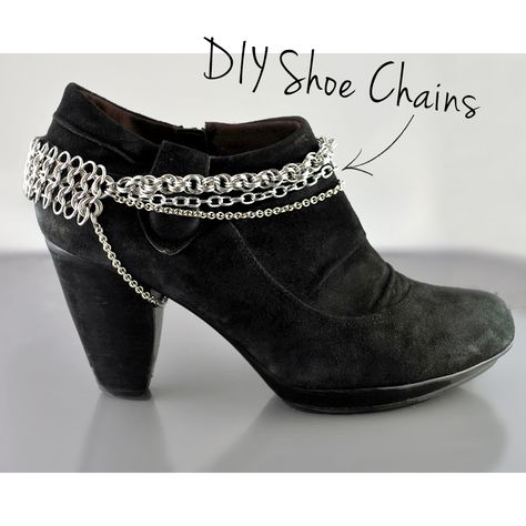 DIY Fashion: Chain Draped Shoes Jumpring Jewellery, Chainmaille Clothing, Shoe Chains, Chainmail Clothing, Blue Buddha, Shoe Makeover, Boot Chains, Chainmaille Jewelry, Crafty Fox