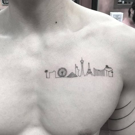 Small Las Vegas Tattoo, Small Vegas Tattoo, Las Vegas Skyline Tattoo, Vegas Skyline Tattoo, Small Vegas Tattoo Ideas, Las Vegas Tattoo Designs, Tatoos Travel, Skyline Tattoo Ideas, Las Vegas Tattoo Ideas