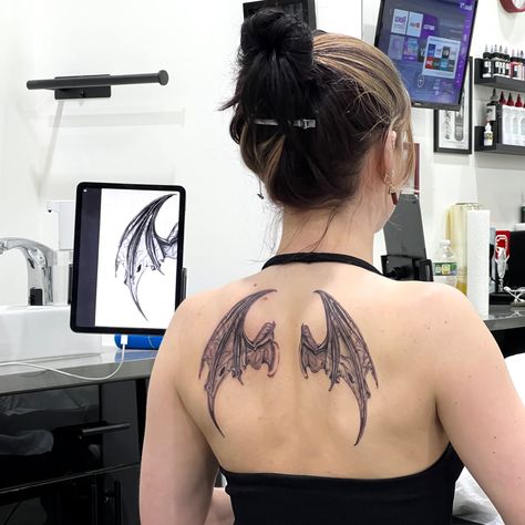 Succubus Wings Back Tattoo, Back Tattoo Women Goth, Skeletal Bat Tattoo, Collarbone And Chest Tattoo, Gothic Lower Back Tattoo, Gothic Wings Back Tattoo, Bat Wing Tramp Stamp, Witchy Shoulder Tattoo, Feminine Bat Tattoo